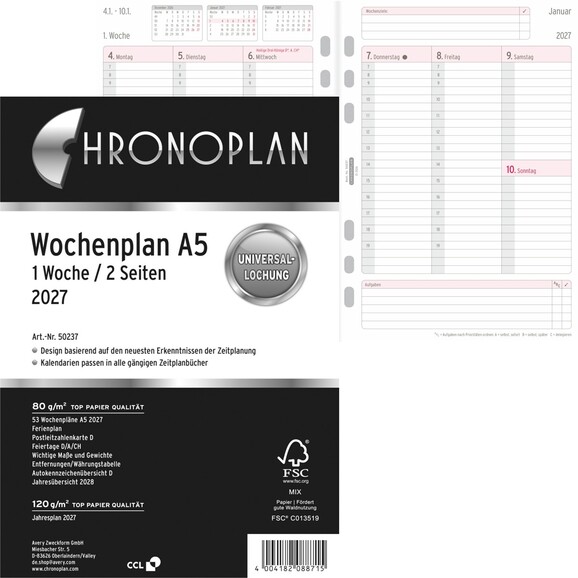 Kalendereinlage Chronoplan Wochenplan A5, Art.-Nr. 5023J - Paterno B2B-Shop