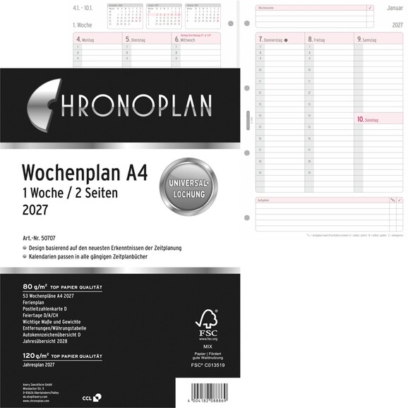 Kalendereinlage Chronoplan Wochenplan A4, Art.-Nr. 5070J - Paterno B2B-Shop Kalendereinlage Chronoplan Wochenplan A4, Art.-Nr. 5070J - Paterno B2B-Shop