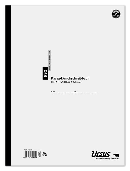 Kassabuch Ursus A4 890 100 Blatt mit 4 Kolonnen, Art.-Nr. 608131 - Paterno B2B-Shop