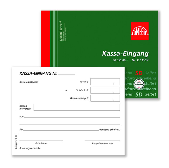 Kassaeingangsbuch Omega A6 quer 2x50 Blatt, Art.-Nr. 916EOK - Paterno B2B-Shop