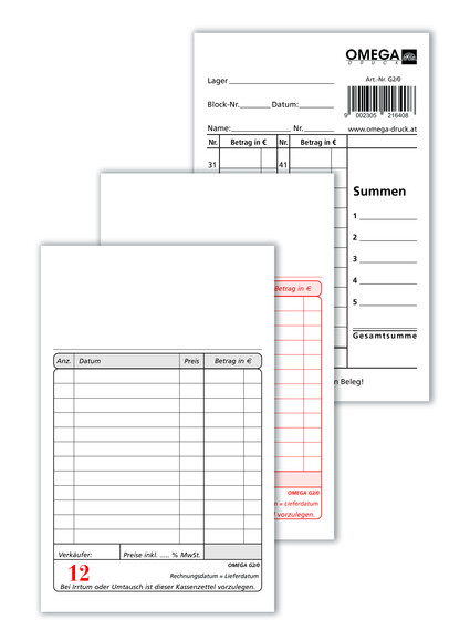 Kassablock Omega 10x14,5 cm Nummerierung 1-50, Art.-Nr. G2-0 - Paterno B2B-Shop