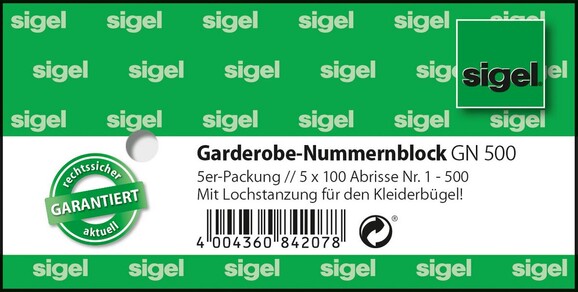 Nummernblock Garderobe Sigel 1-500, Art.-Nr. GN500 - Paterno B2B-Shop