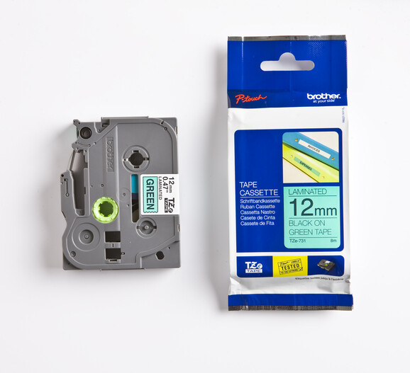 Beschriftungsband Brother 12mm schwarz auf grün, Art.-Nr. TZ731 - Paterno B2B-Shop