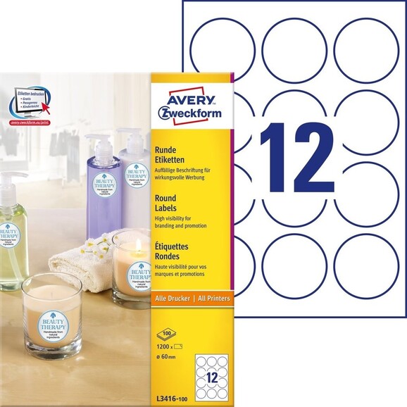Universaletiketten A4 3416 weiss rund 60mm, Art.-Nr. ZWF-3416 - Paterno B2B-Shop