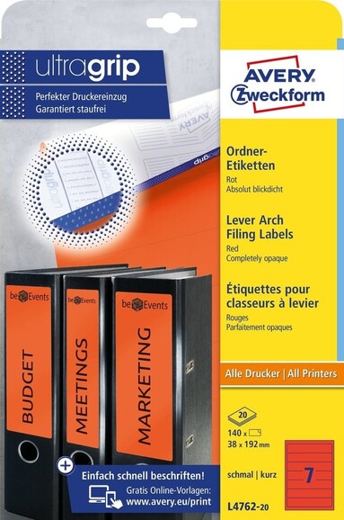 Etiketten A4 Ordnerrücken 38 x 192 mm rot, Art.-Nr. L476-25-RT - Paterno B2B-Shop