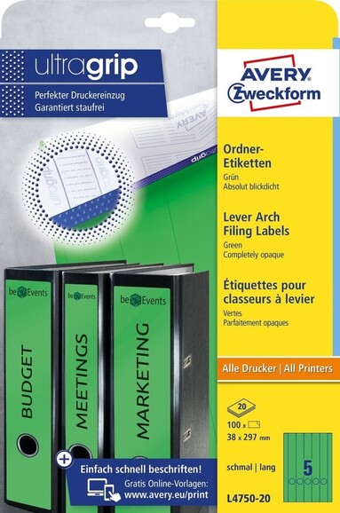 Etiketten A4 Ordnerrücken 38 x 297 mm grün, Art.-Nr. L474-20-GN - Paterno B2B-Shop