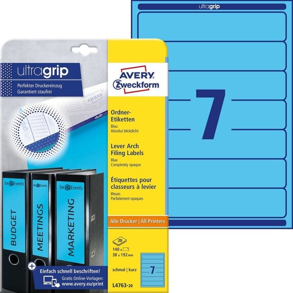 Etiketten A4 Ordnerrücken 38 x 192 mm blau, Art.-Nr. L476-25-BL - Paterno B2B-Shop