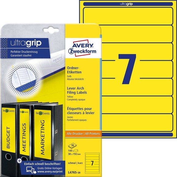 Etiketten A4 Ordnerrücken 38 x 192 mm gelb, Art.-Nr. L476-25-GE - Paterno B2B-Shop