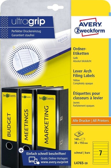 Etiketten A4 Ordnerrücken 38 x 192 mm gelb, Art.-Nr. L476-25-GE - Paterno B2B-Shop