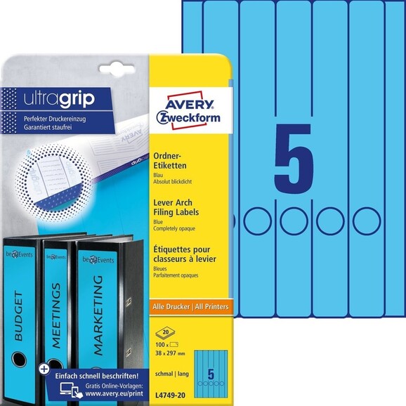 Etiketten A4 Ordnerrücken 38 x 297 mm blau, Art.-Nr. L474-20-BL - Paterno B2B-Shop