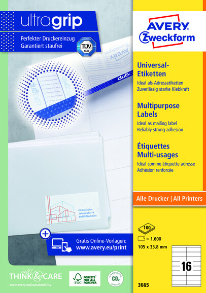 Universaletiketten A4 3665 weiss 105x33,8mm, Art.-Nr. ZWF-3665 - Paterno B2B-Shop