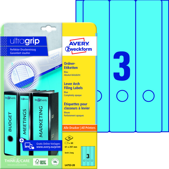 Ordneretiketten ZWF 297 x 61 mm blau, Art.-Nr. L4753-20 - Paterno B2B-Shop