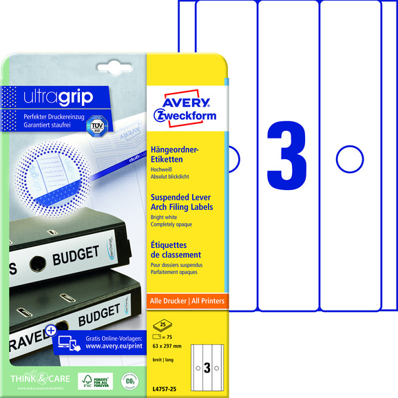 Etiketten Hängeordner ZWF 63 x 297 mm breit, Art.-Nr. L4757-25 - Paterno B2B-Shop