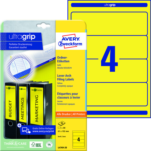 Ordneretiketten ZWF 192 x 61 mm gelb, Art.-Nr. L4769-20 - Paterno B2B-Shop