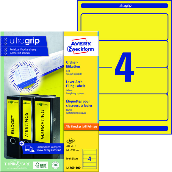Ordneretiketten ZWF 192 x 61 mm gelb, Art.-Nr. L4769-100 - Paterno B2B-Shop