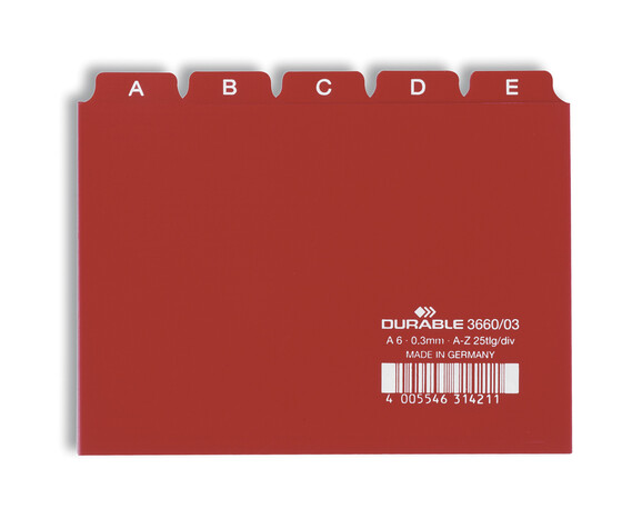 Leitregister Durable A6 quer A-Z 5/5-teilung rot, Art.-Nr. 3660-RT - Paterno B2B-Shop Leitregister Durable A6 quer A-Z 5/5-teilung rot, Art.-Nr. 3660-RT - Paterno B2B-Shop