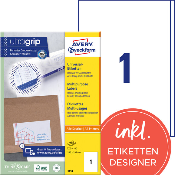 Universaletiketten A4 3418 weiss 200x297mm, Art.-Nr. ZWF-3418 - Paterno B2B-Shop