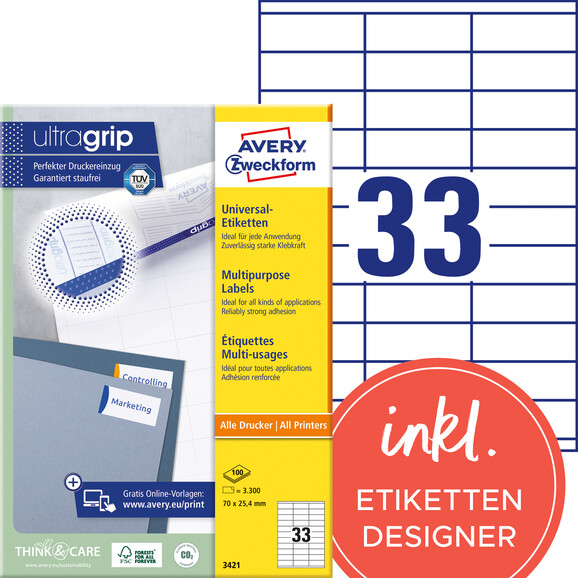 Universaletiketten A4 3421 weiss 70x25,4mm, Art.-Nr. ZWF-3421 - Paterno B2B-Shop