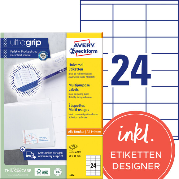 Universaletiketten A4 3422 weiss 70x35 mm, Art.-Nr. ZWF-3422 - Paterno B2B-Shop
