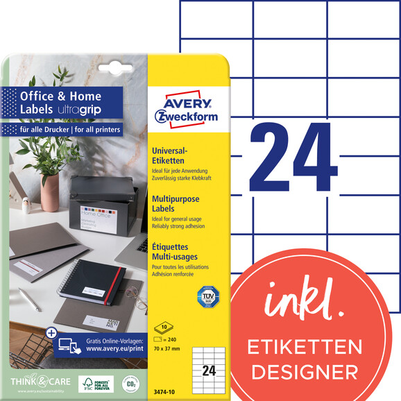 Universaletiketten Avery perm. 70x37mm, Art.-Nr. 3474-10 - Paterno B2B-Shop