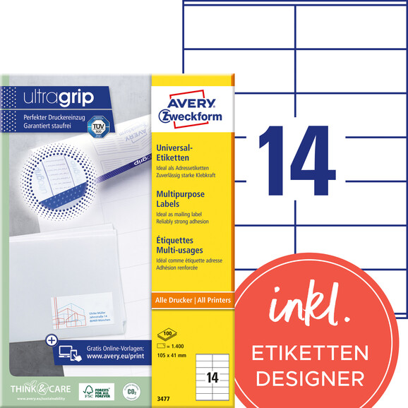 Universaletiketten A4 3477 weiss 105x41mm, Art.-Nr. ZWF-3477 - Paterno B2B-Shop