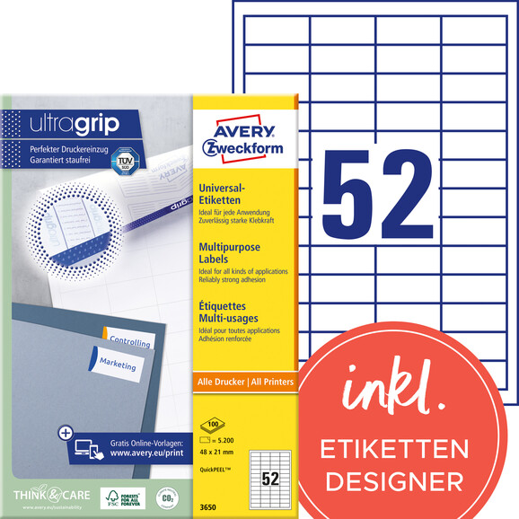 Universaletiketten A4 3650 weiss 48x21mm, Art.-Nr. ZWF-3650 - Paterno B2B-Shop