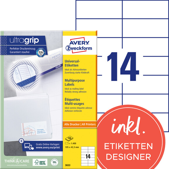 Universaletiketten A4 3653 weiss 105x42,3 mm, Art.-Nr. ZWF-3653 - Paterno B2B-Shop