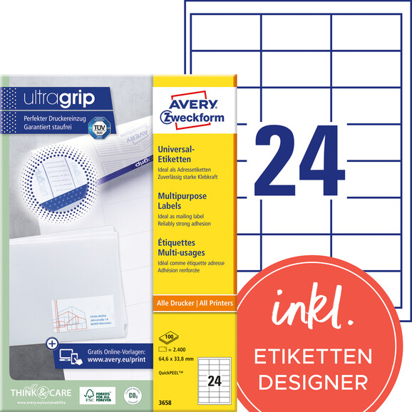 Universaletiketten A4 3658 weiss 64,6x33,8 mm, Art.-Nr. ZWF-3658 - Paterno B2B-Shop