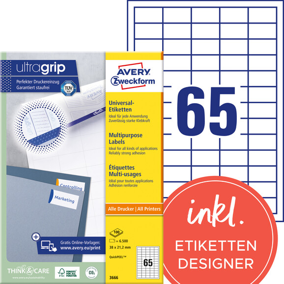 Universaletiketten A4 3666 weiss 38 x 21,2mm, Art.-Nr. ZWF-3666 - Paterno B2B-Shop