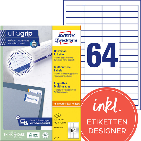 Universaletiketten A4 3667 weiss 48,5x16,9mm, Art.-Nr. ZWF-3667 - Paterno B2B-Shop
