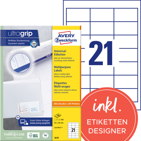 Universaletiketten A4 3670 weiss 64x36mm, Art.-Nr. ZWF-3670 - Paterno B2B-Shop