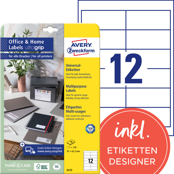 Etiketten Avery InkjetLaserCopy 97x42,3mm, Art.-Nr. 6123ZWF - Paterno B2B-Shop