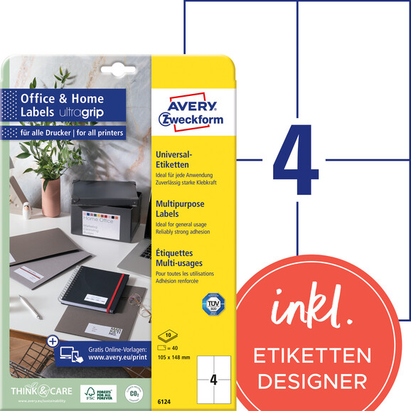 Etiketten Avery InkjetLaserCopy 105x148mm, Art.-Nr. 6124ZWF - Paterno B2B-Shop