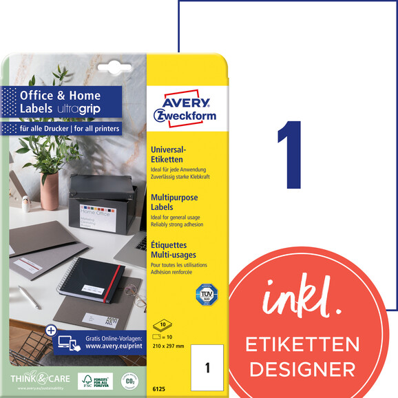 Etiketten Avery InkjetLaserCopy 210x297mm, Art.-Nr. 6125ZWF - Paterno B2B-Shop