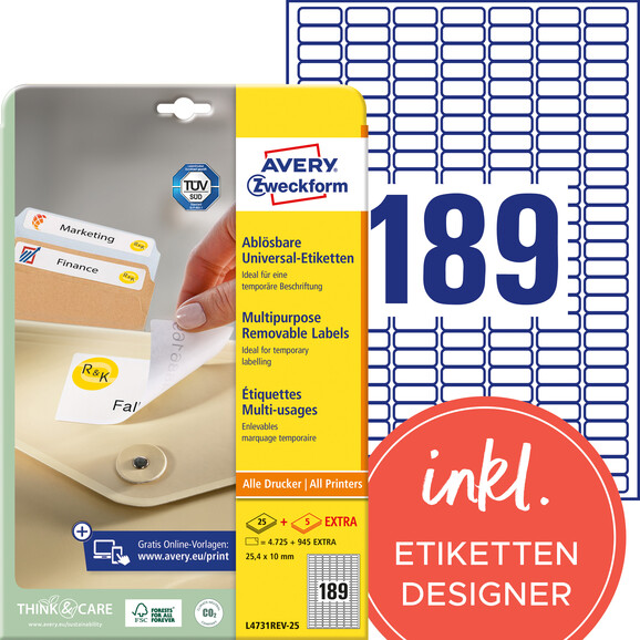 Universaletiketten ZWF 25,4 x10 mm wiederablösbar, Art.-Nr. L4731REV-25 - Paterno B2B-Shop