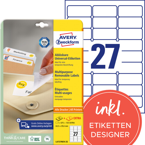 Universaletiketten ZWF 63,5 x 29,6 mm wiederablösbar, Art.-Nr. L4737REV-25 - Paterno B2B-Shop