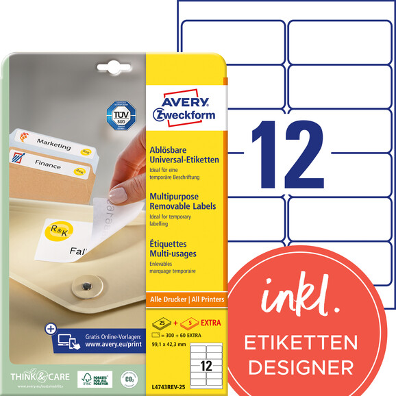 Etiketten Universal 99,1 x 42,3 mm wiederablösbar, Art.-Nr. L4743REV-25 - Paterno B2B-Shop