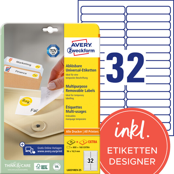 Universaletiketten ZWF 96 x 16,9 mm wiederablösbar, Art.-Nr. L6031REV-25 - Paterno B2B-Shop