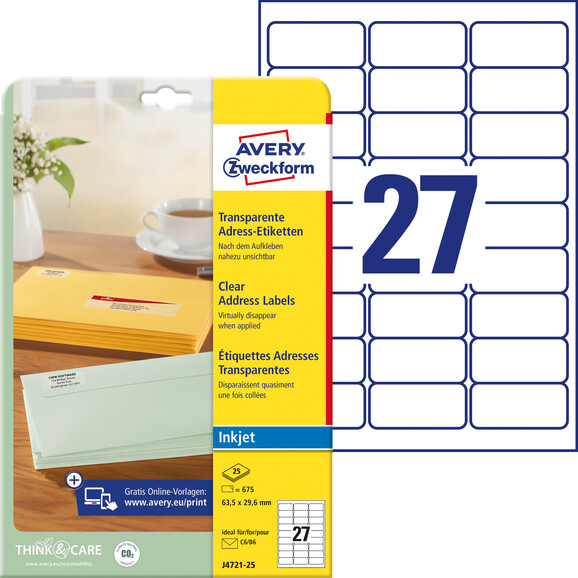 Adressetiketten ZWF 63,5 x 29,6 mm transparent, Art.-Nr. J4721-25 - Paterno B2B-Shop