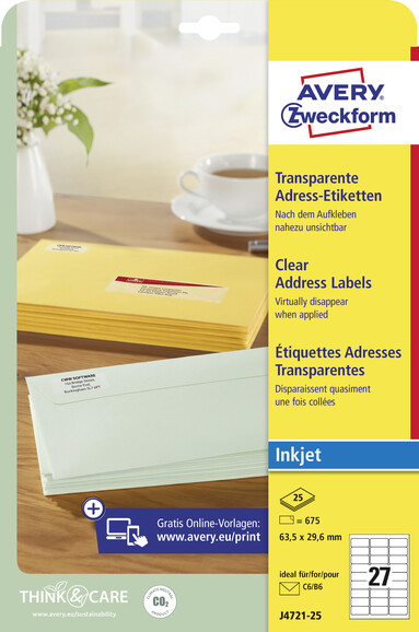 Adressetiketten ZWF 63,5 x 29,6 mm transparent, Art.-Nr. J4721-25 - Paterno B2B-Shop