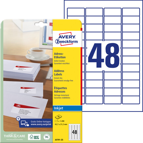 Adressetiketten ZWF 45,7 x 21,2 mm weiß, Art.-Nr. J4791-25 - Paterno B2B-Shop