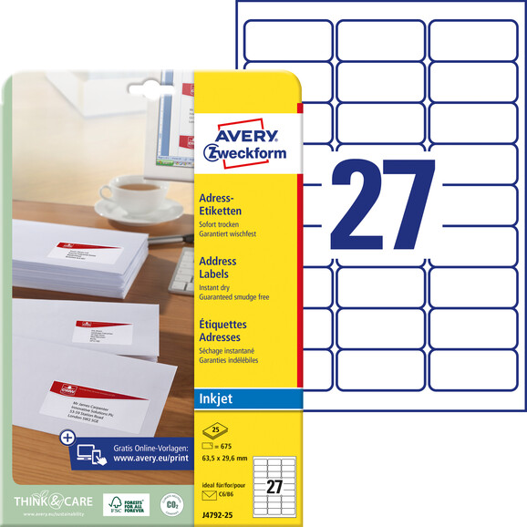Adressetiketten ZWF 63,5 x 29,6 mm, Art.-Nr. J4792-25 - Paterno B2B-Shop