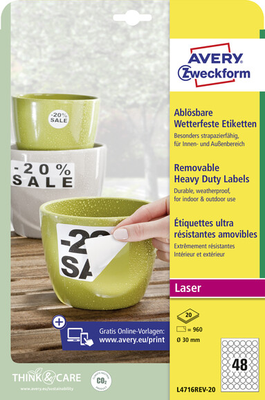 Wetterfeste-Etiketten ZWF ablösb. 30mm rund, Art.-Nr. L4716REV-20 - Paterno B2B-Shop