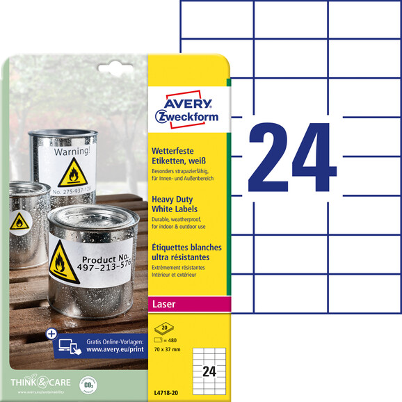 Etiketten wetterfest 70 x 37 mm, Farblaser, Art.-Nr. L4718-20 - Paterno B2B-Shop