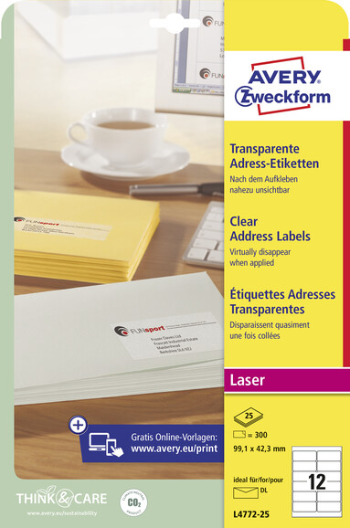 Adressetiketten ZWF 99,1 x 42,3 mm transparent, Art.-Nr. L4772-25 - Paterno B2B-Shop