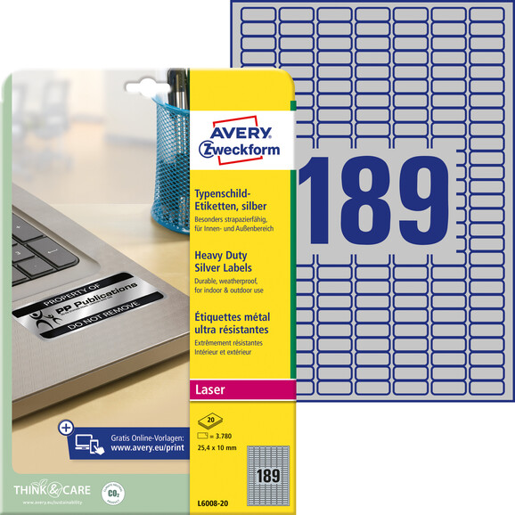 Etiketten ZWF Typenschild 25,4 x 10 mm silber, Art.-Nr. L6008-20 - Paterno B2B-Shop