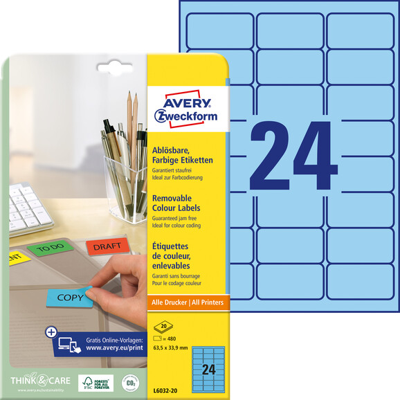 Etiketten ZWF 63,5 x 33,9 mm, blau, Art.-Nr. L6032-20 - Paterno B2B-Shop
