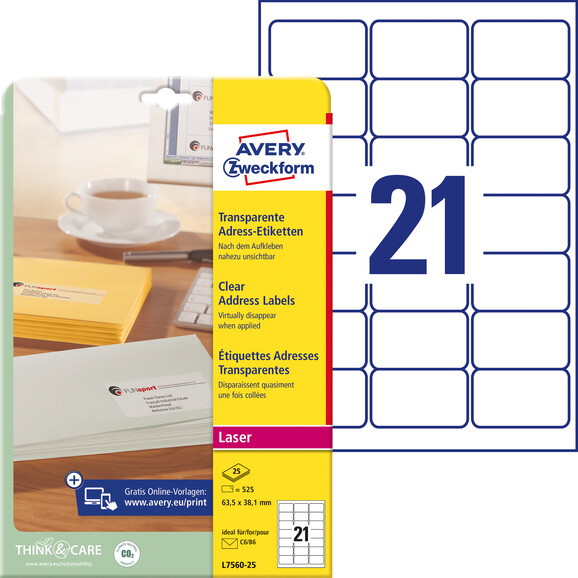 Adressetiketten ZWF 63,5 x 38,1 mm transparent, Art.-Nr. L7560-25 - Paterno B2B-Shop