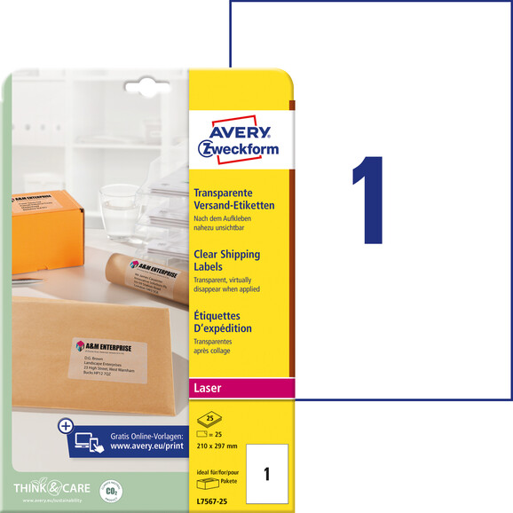 Versandetiketten ZWF 210 x 297 mm transparent, Art.-Nr. L7567-25 - Paterno B2B-Shop
