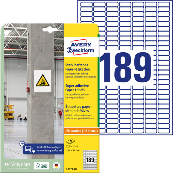 Etiketten ZWF 25,4x10mm, stark haftend, Art.-Nr. L7871-20 - Paterno B2B-Shop